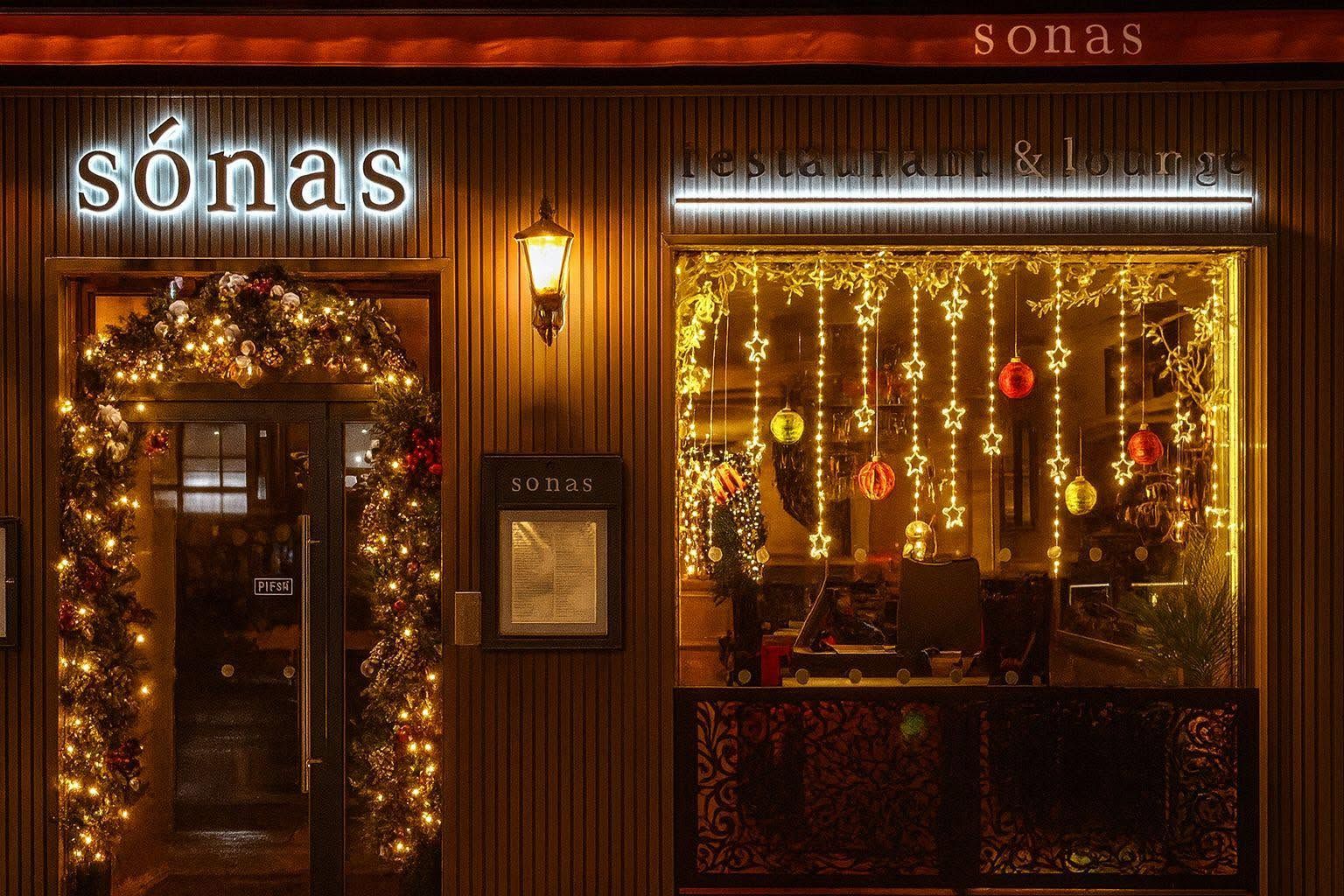 Sonas restaurant and lounge frontage at night